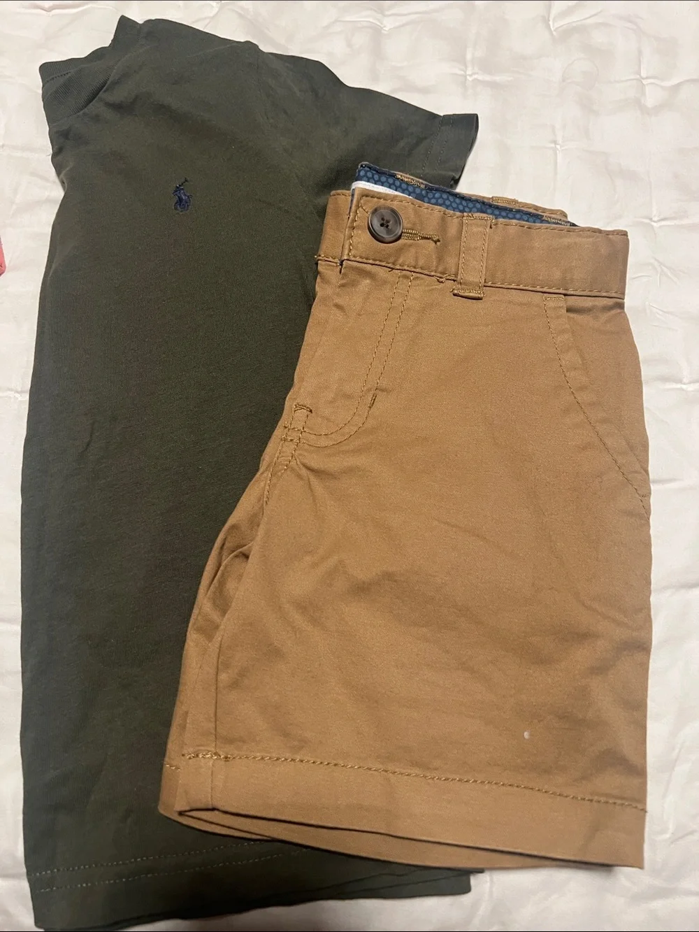 Polo by Ralph Lauren Olive Green Tee with Tan Flat-Front Shorts